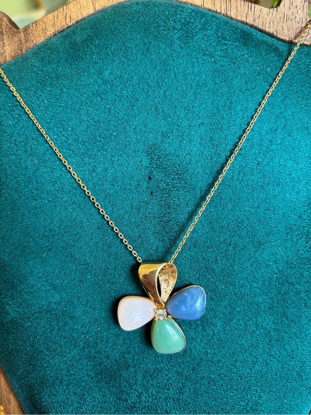 Vintage Avon Gold Plated Flower Pendant Necklace Blue, Green and White Stones